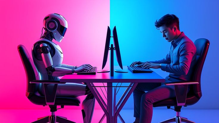 A stunning visual of an AI bot and a human side-by-side
